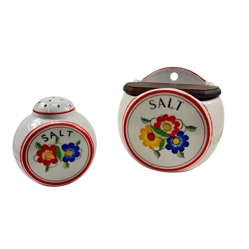 Vintage Japan Salt Box & Range Salt Shaker Floral Red Trim Wood Lid Ceramic